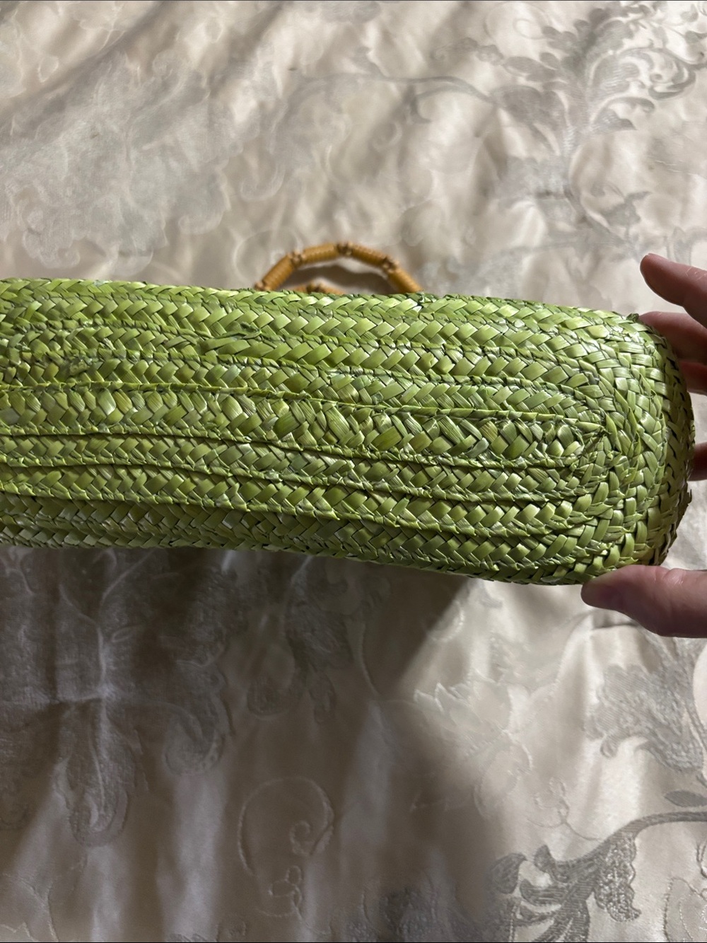 Green Woven Straw Tote with Bamboo-Style Handles - Picture 2 of 10